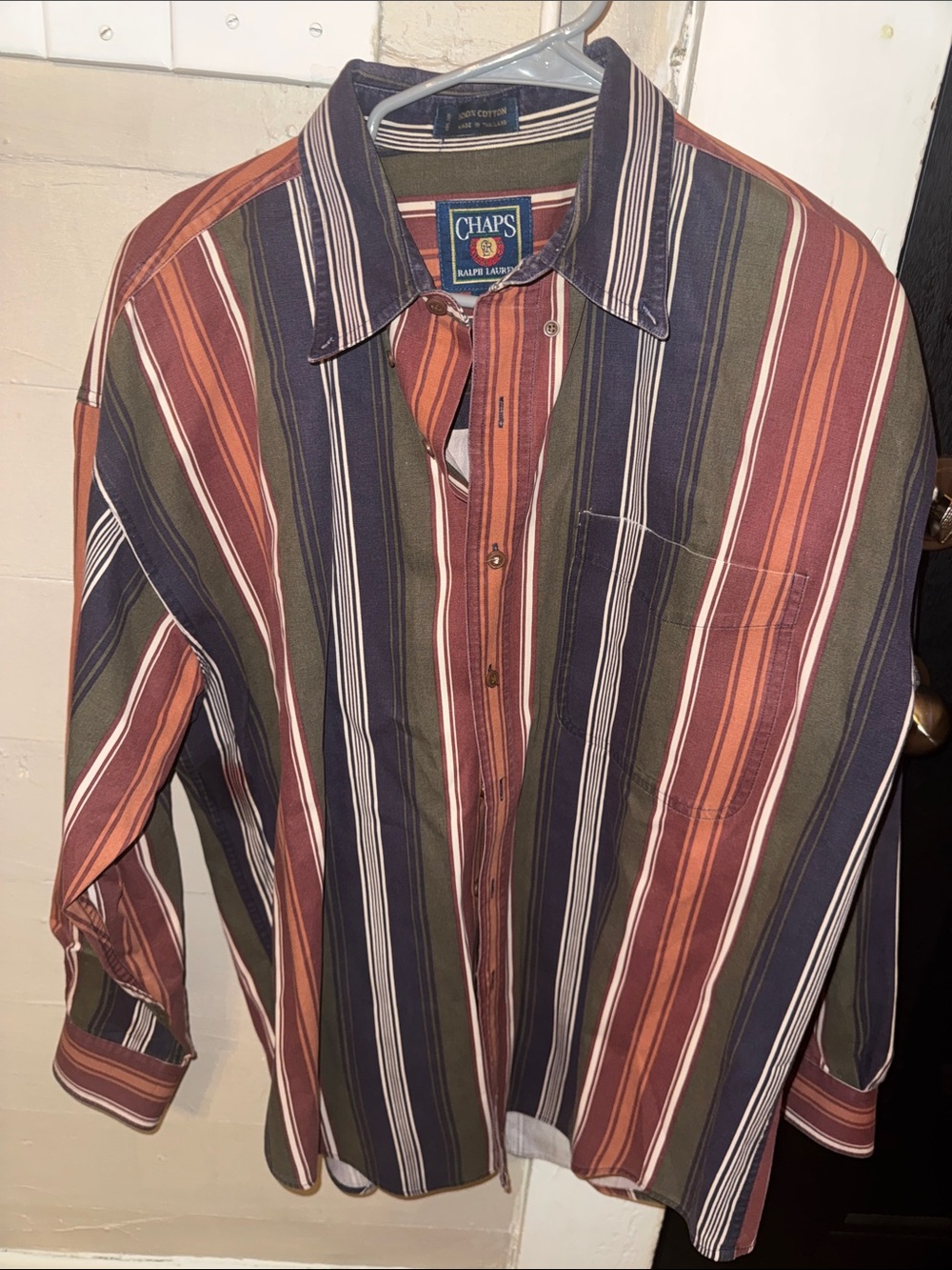Chaps Ralph Lauren VTG L Men's Striped Button-Down Shirt - Navy/Olive/Brown